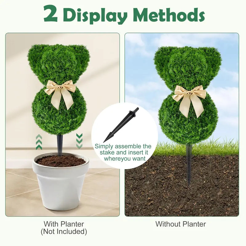 Sun-Resistant Teddy Bear Topiary Pair — 16.5-Inch UV-Protected Faux Boxwood Plants
