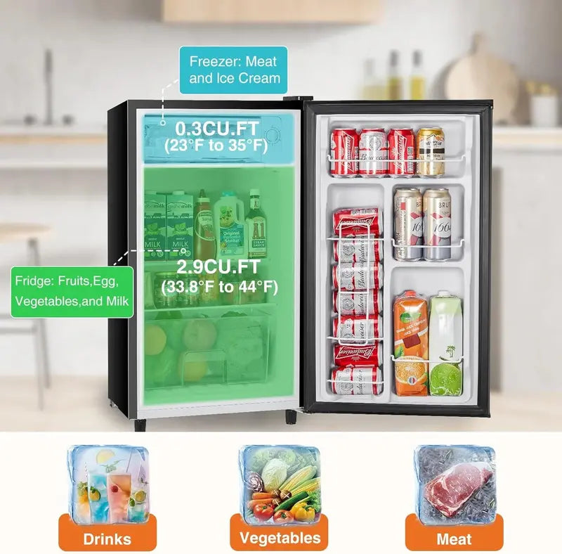 Sweetcrispy 3.2 Cu Ft Mini Fridge with Freezer — Single-Door, Adjustable Thermostat, Low-Noise, Energy-Efficient Dorm Refrigerator (Black)