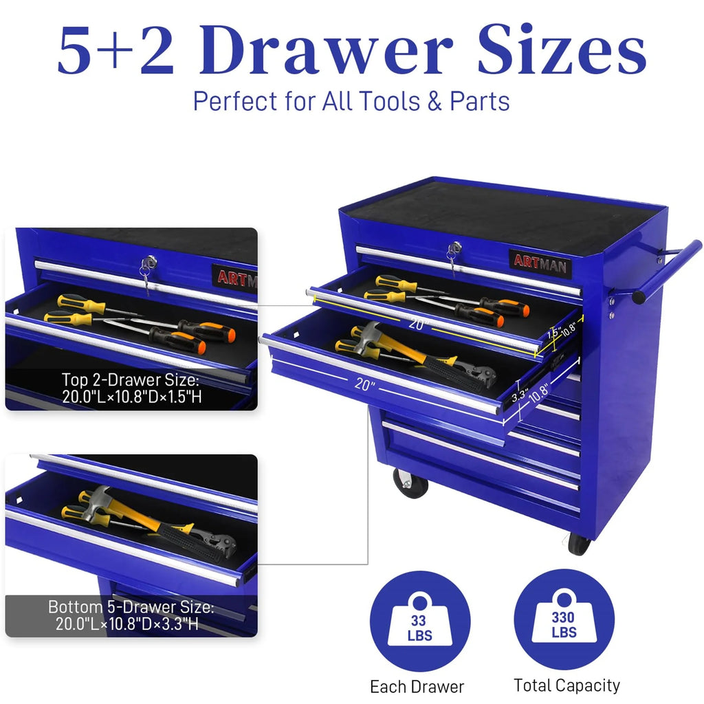 Aukfa Tool Chest, 24.5 in 7 - Drawer Steel Rolling Tool Box on Wheels for Workshop Garage, Red