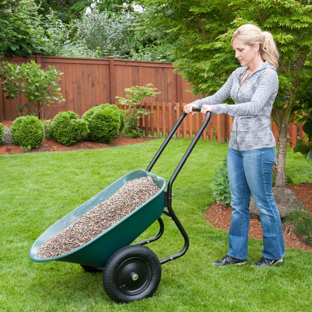 Garden Star Dual Wheel . Poly Tray Yard Rover Wheelbarrow . Green