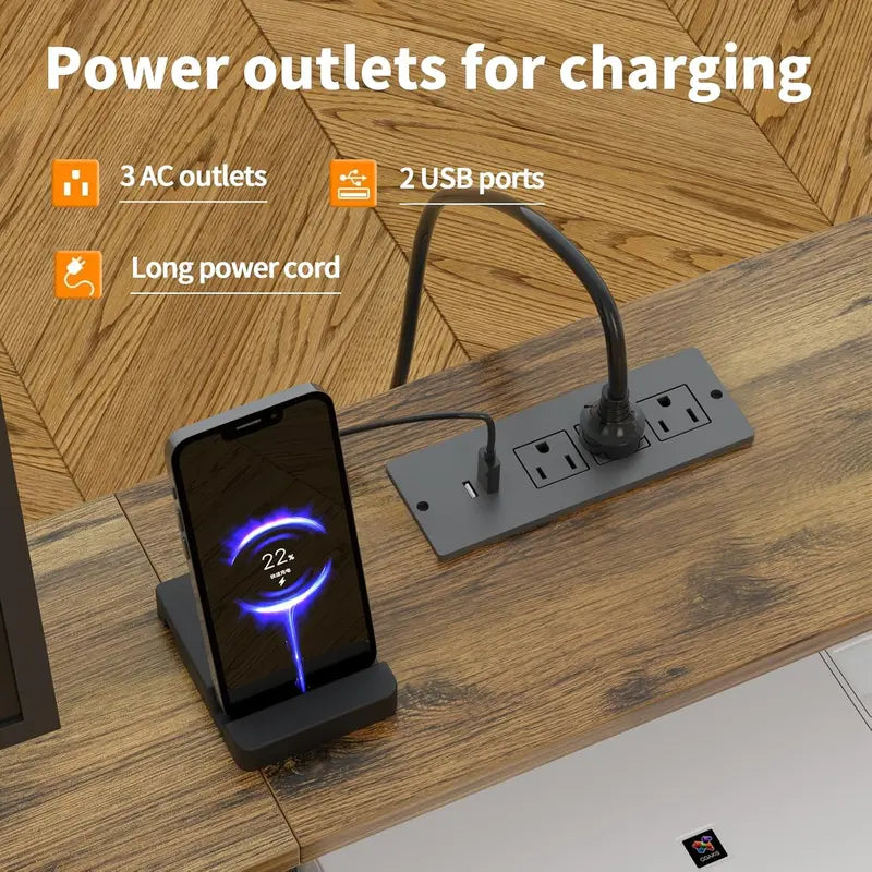 Dual-User LED Desk with Charging Station  Long Study Table Featuring Dual Monitor Riser, USB Ports, Outlets & Storage Drawers