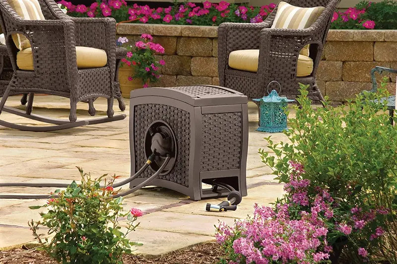 Suncast Aquawinder Hose Reel – Hands-Free, Water-Powered Retractable Reel in Wicker-Style Java Finish