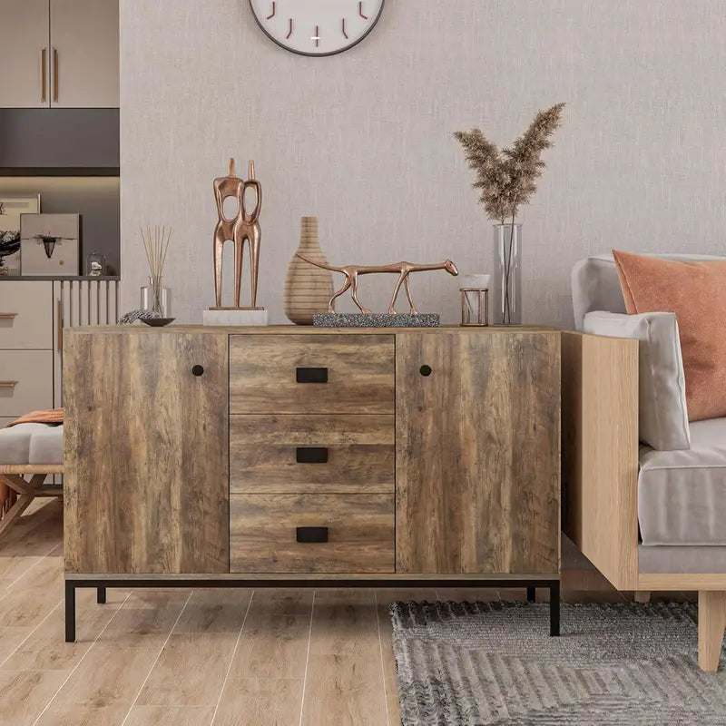 Distressed Brown Industrial Sideboard Cabinet with Two Cupboards, Three Drawers, and Adjustable Shelving鈥擱obust Storage for Kitchens and Entryways