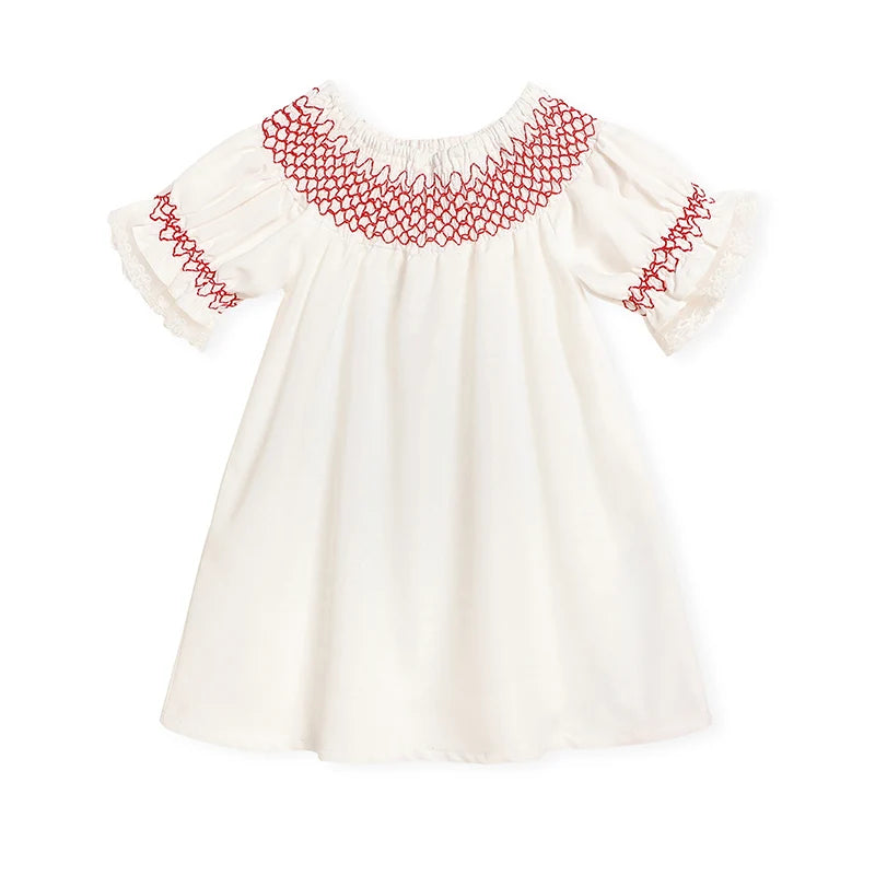 Infant Baby Girl Valentines Day Dress Lace Short Sleeve Round Neck White With Red Embroidery Party Dress