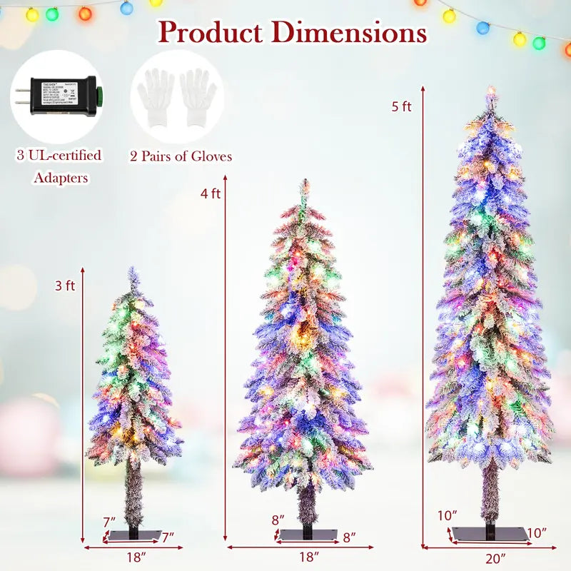 Three-Piece Snow-Flocked Christmas Tree Set – 3', 4', and 5' Trees with 300 Multicolor LEDs