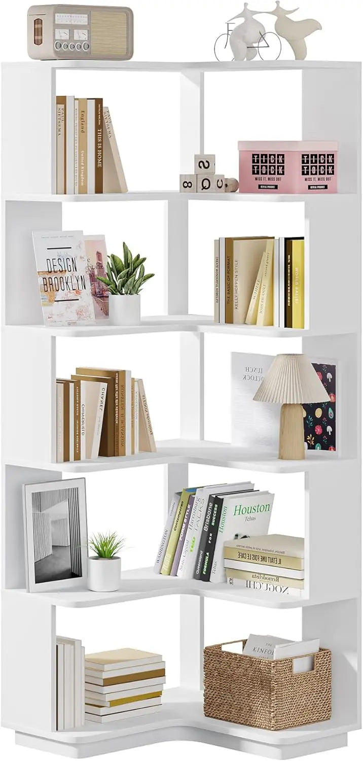 Tribesigns 64.9-Inch Freestanding Corner Bookshelf – 6-Tier White Display Rack with Anti-Slip Edges for Living Room or Office
