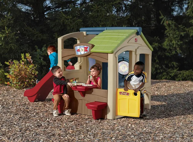 Step2 Neighborhood Fun Center – Outdoor Brown Plastic Playhouse with Slide for Kids