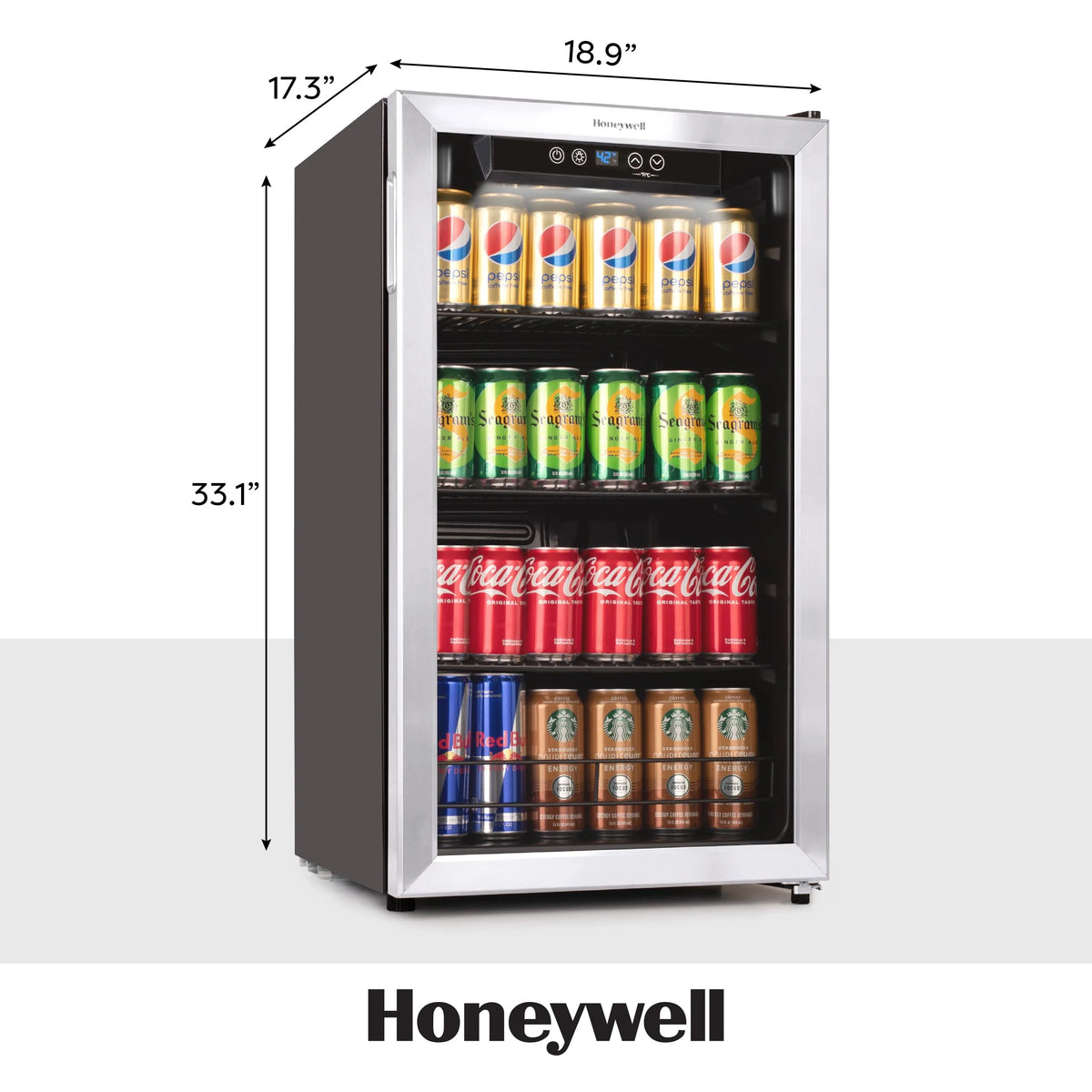 Honeywell Beverage Refrigerator and Cooler, 115 Can Mini Fridge with Glass Door for Soda Beer or Wine for Office or Bar with Adjustable Removable Shelving