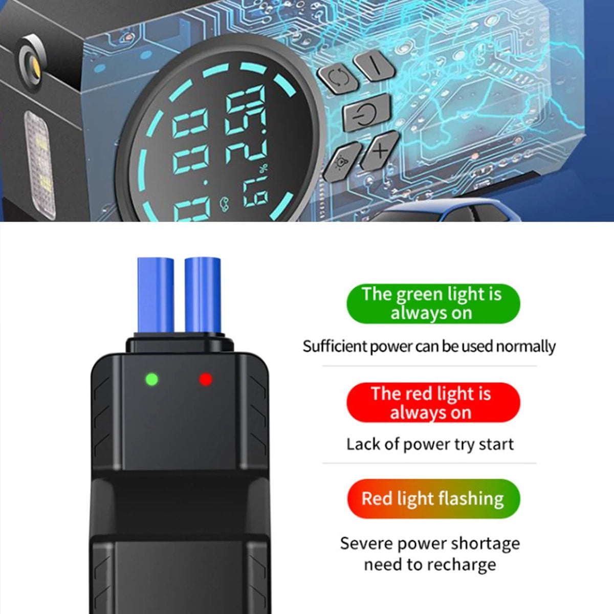 COFEST Car Inflator Battery Jump 2-in-1 1000A Emergency Start Power Supply 12V Battery Pack Battery Booster Jump Box Portable Charger Jumper Cables LED Display Screen Black