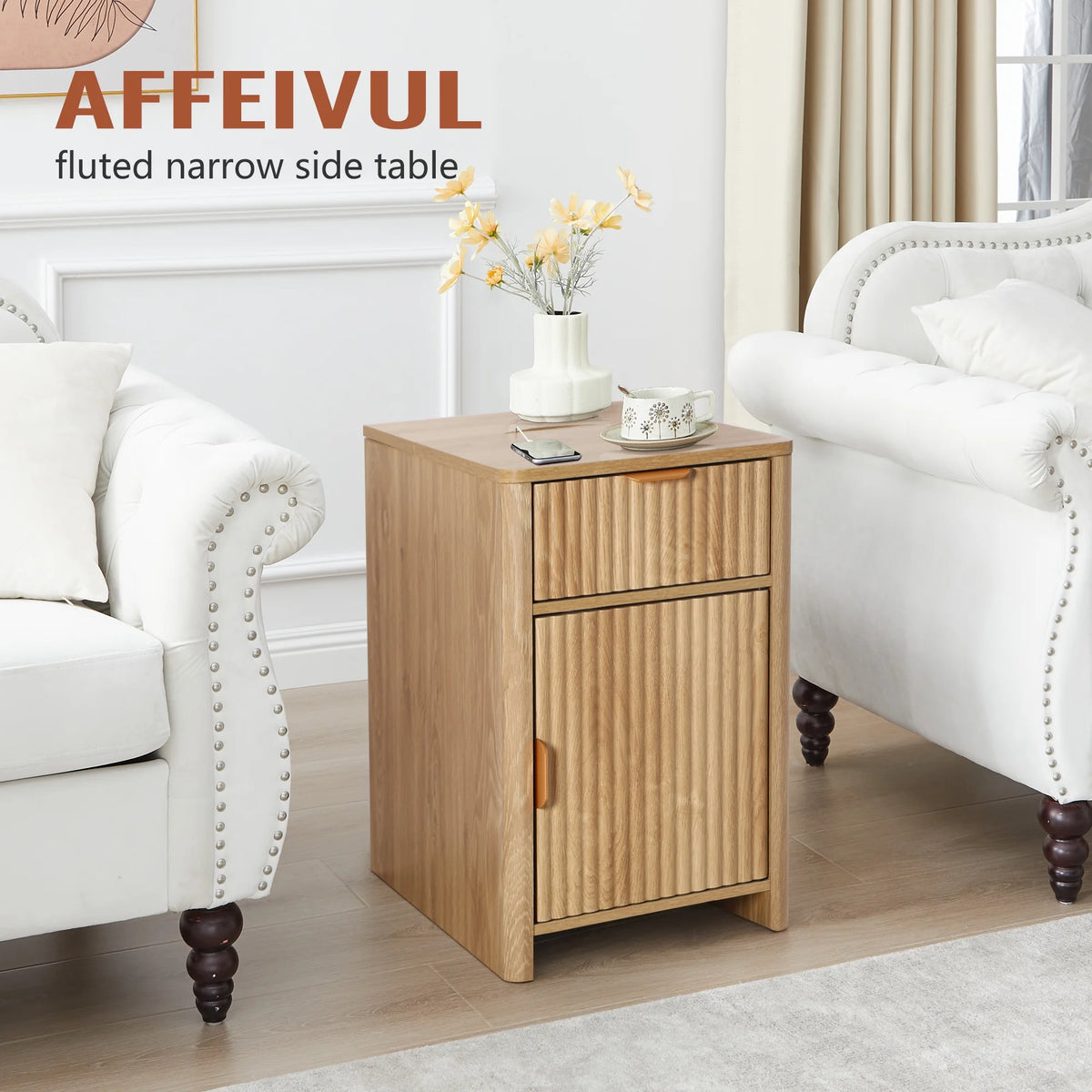 YOCWO Fluted Nightstand for Bedroom Set of 2, Wood Bedside Table Set of 2 with Drawers, Black