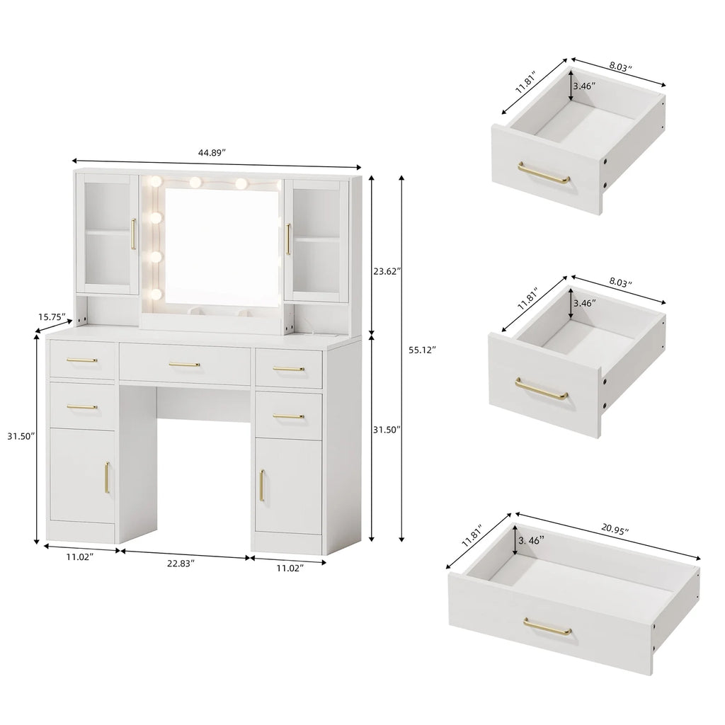 UGTOO 58.3" White Vanity Desk with Mirror, Adjustable Lighting, Power Outlet, Drawers, with Stool
