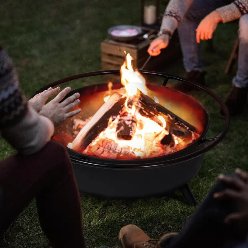 SUNCREAT 42″ Wood-Burning Patio Fire Pit with Spark Screen & Fireplace Poker – Heavy-Duty Black Outdoor Bonfire Unit
