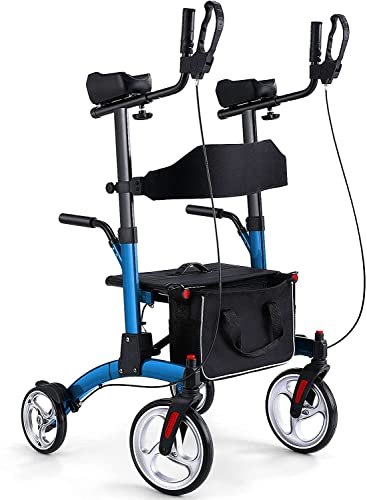 Healconnex Upright Rollator Walkers for Seniors- Stand up Rolling Walker with Seats and 10" Wheels, Padded Armrest and Backrest,Tall Rolling Mobility Aid with Basket, Foam Handle to Stand up