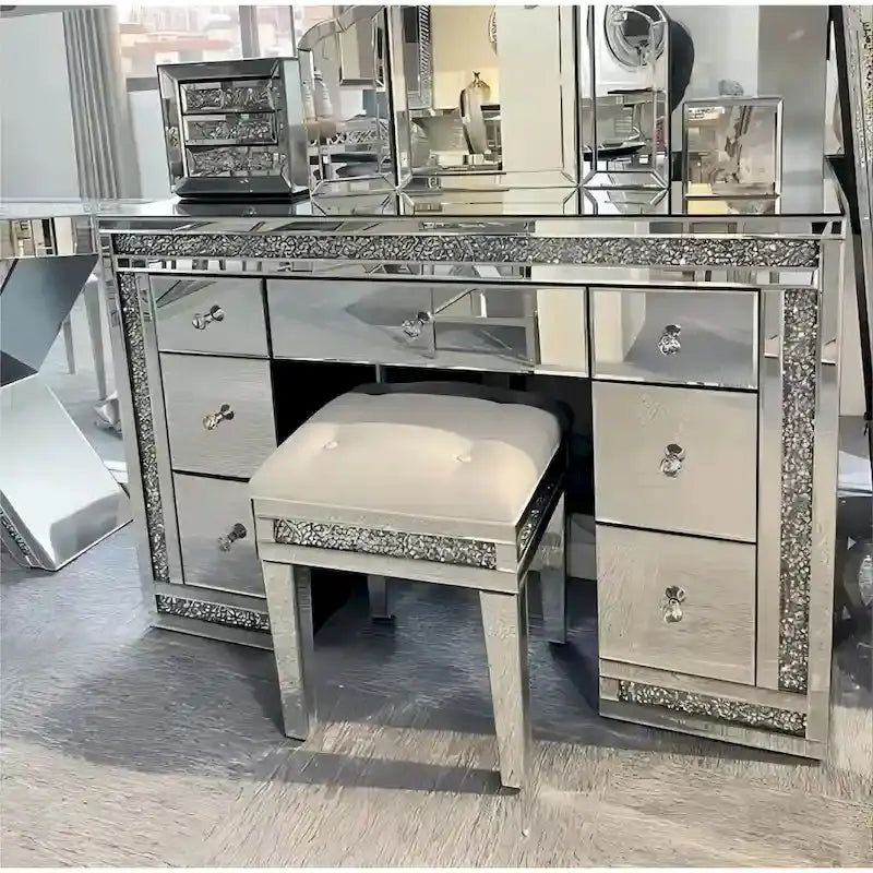 Sparkling Diamond-Finished 7-Drawer Mirrored Vanity Table with Elegant Dressing Mirror