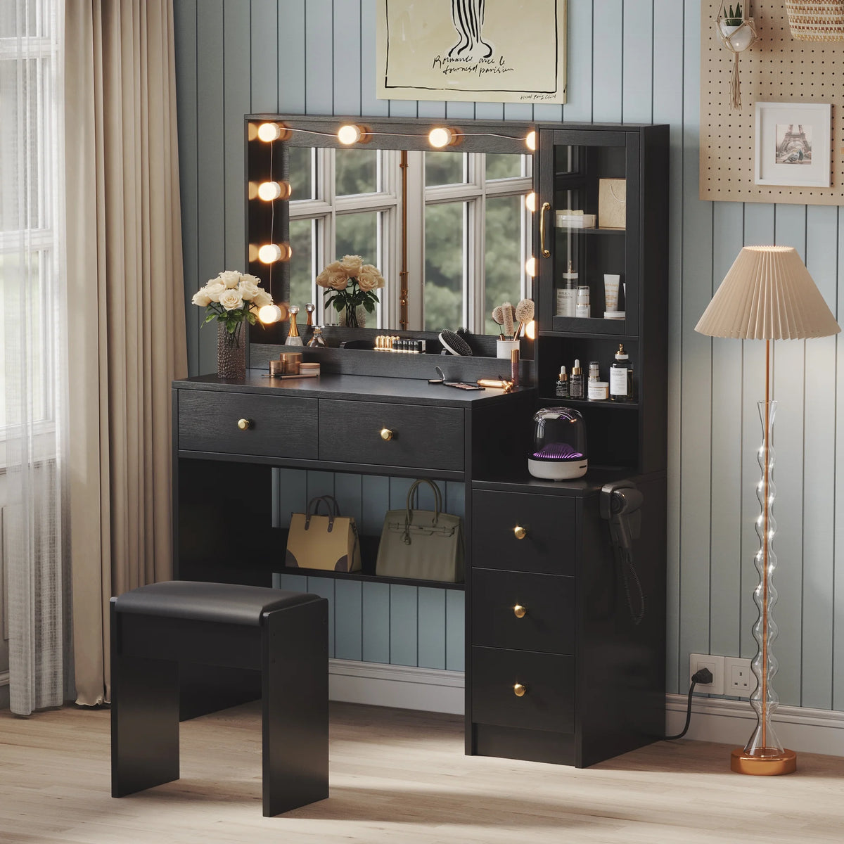 UGTOO 58.3" White Vanity Desk with Mirror, Adjustable Lighting, Power Outlet, Drawers, with Stool