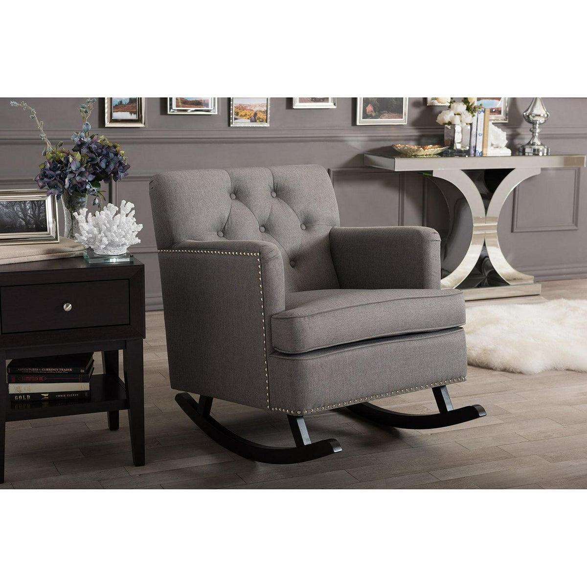 Baxton Studio Bethany Modern and Contemporary Gray Fabric Upholstered Button - Tufted Rocking Chair