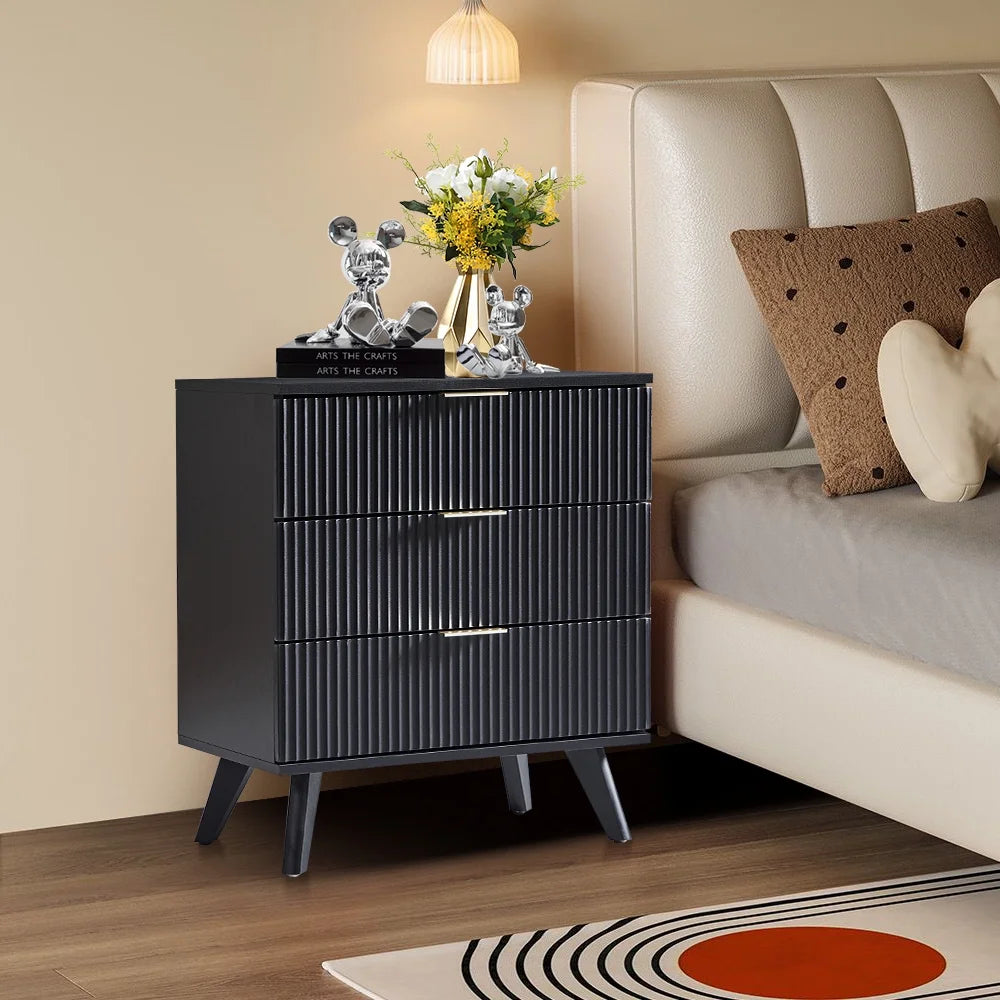 YOCWO Fluted Nightstand for Bedroom Set of 2, Wood Bedside Table Set of 2 with Drawers, Black