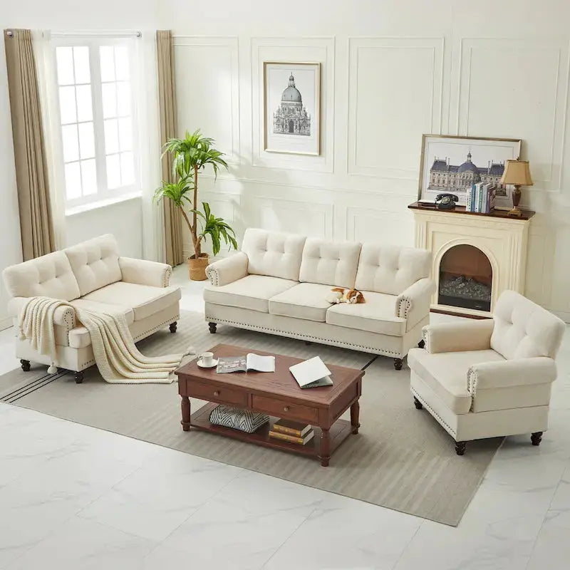 Three-Piece Chenille Living Room Sofa Set – Button-Tufted Design with Nailhead Trim and Rubberwood Legs
