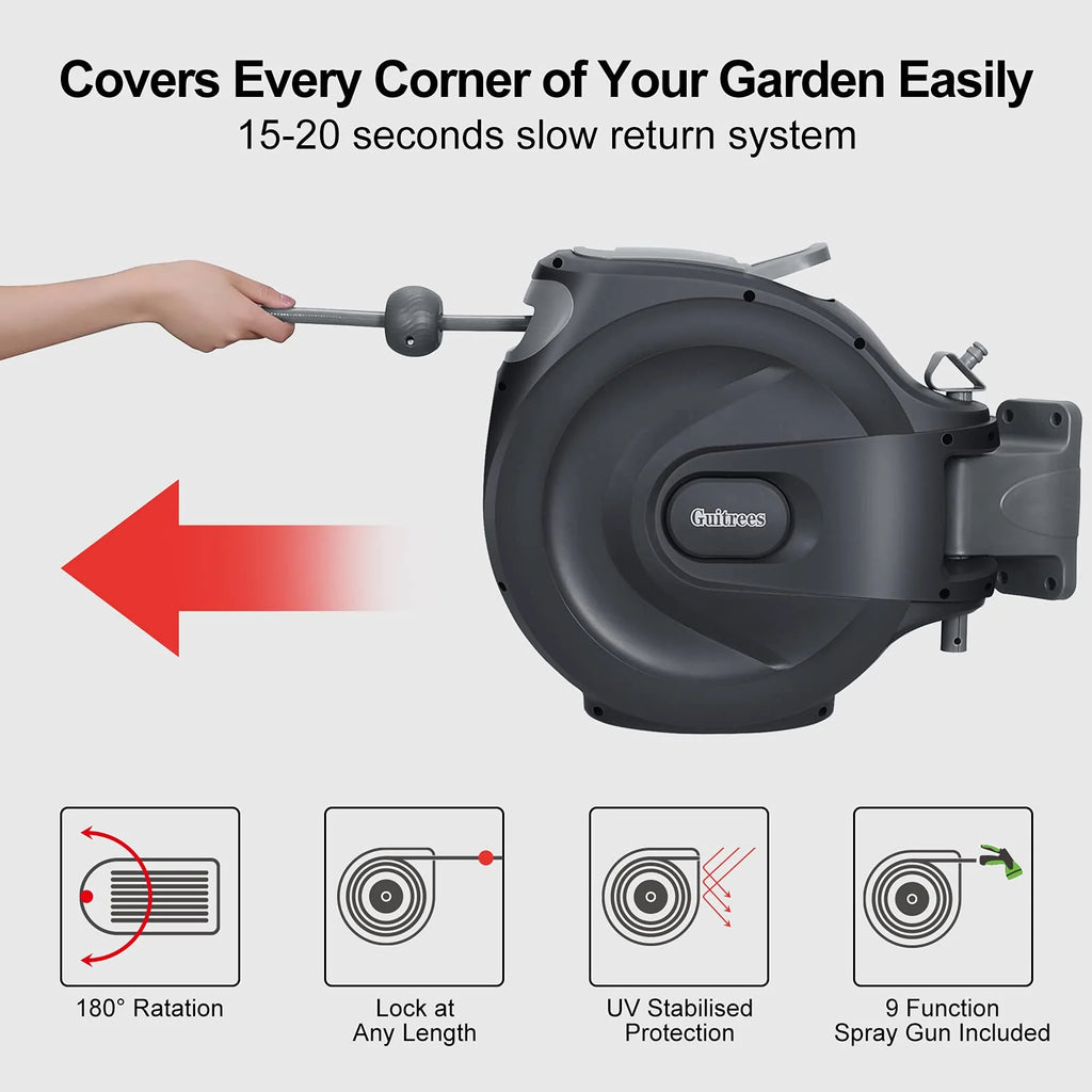 Guitrees Retractable Garden Hose Reel 1/2u201d 115FT+6FT With Cover, Slow Return System, Any Length Lock, Wall Mounted, 9 Function Nozzle and 180u00b0Swivel Bracket (Grey)