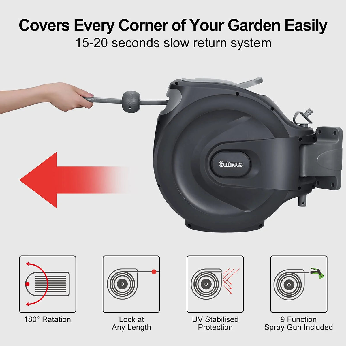 Guitrees Retractable Garden Hose Reel 1/2u201d 115FT+6FT With Cover, Slow Return System, Any Length Lock, Wall Mounted, 9 Function Nozzle and 180u00b0Swivel Bracket (Grey)