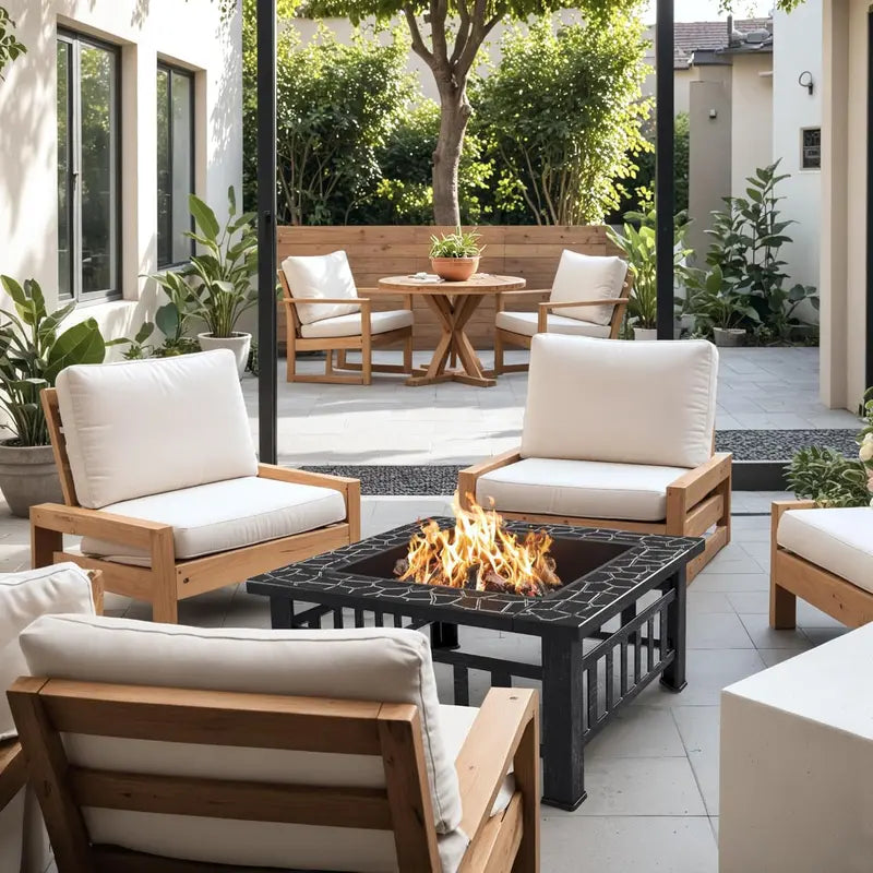 Devoko 32-Inch Outdoor Fire Pit Table  Weather-Resistant Metal Fireplace with Waterproof Cover for Patios