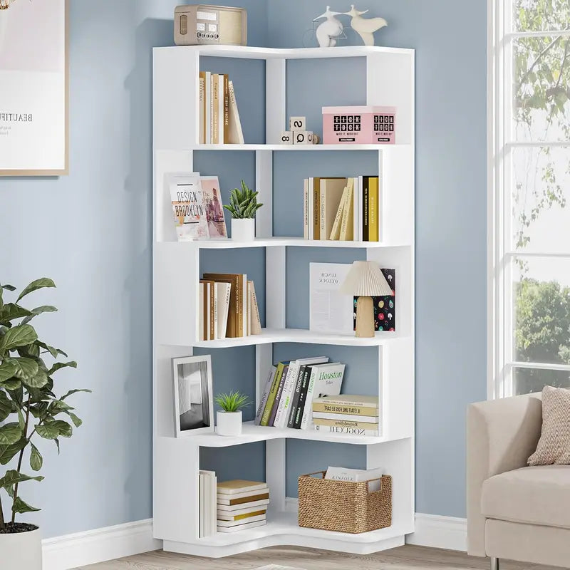Tribesigns 64.9-Inch Freestanding Corner Bookshelf – 6-Tier White Display Rack with Anti-Slip Edges for Living Room or Office