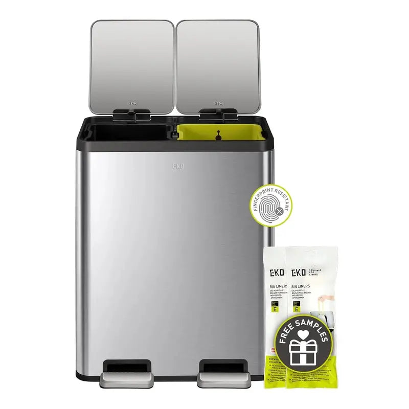 Dual 8-Gallon Stainless Steel Trash Can Set  Includes Recycling Bin, Foot Pedal, Slow-Close Lids & Fingerprint-Resistant Finish