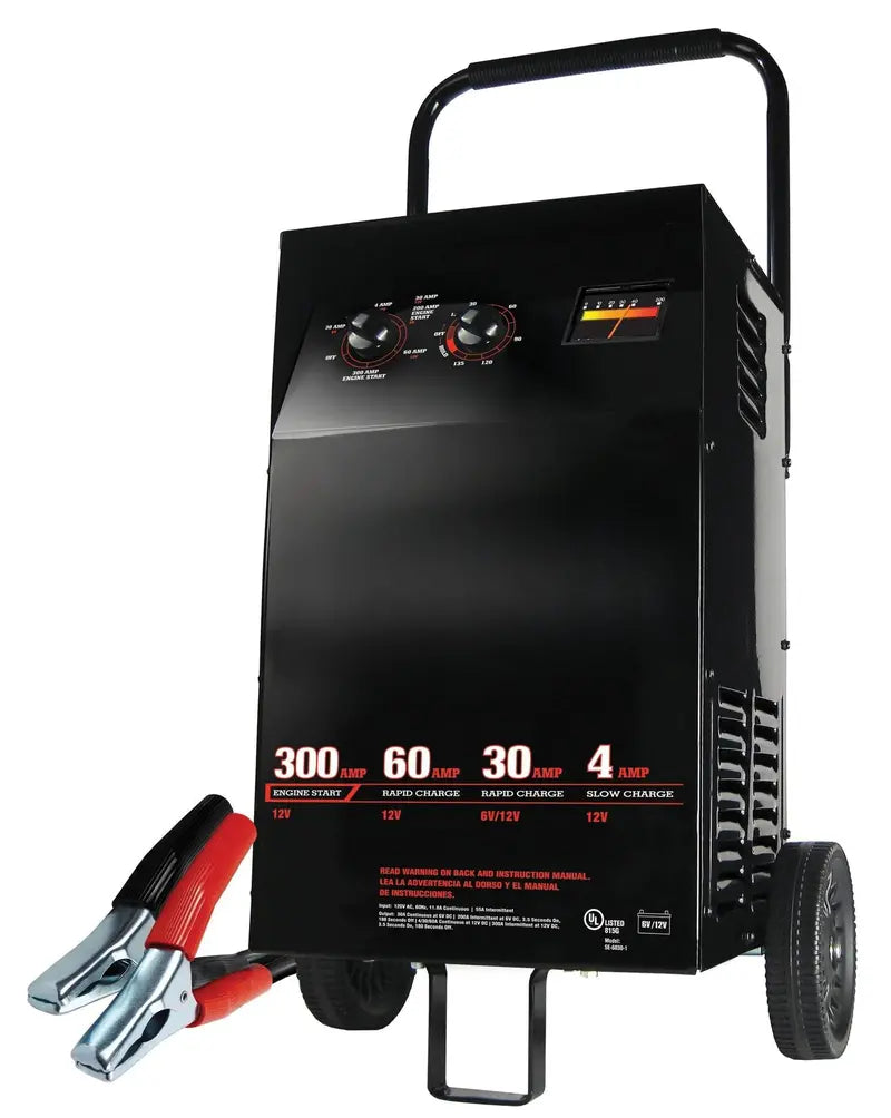 Dual-Voltage (6V/12V) Electric Battery Charger & Engine Starter  300 Crank Amps, Manual Timer, Marine & Automotive Compatible