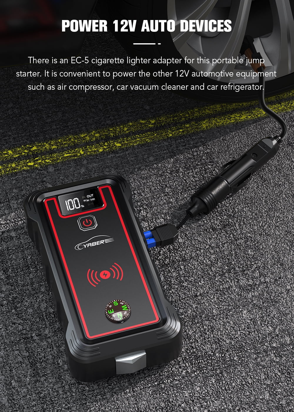 Car Jump Starter 4000A 23800mAh Auto Booster(All Gas or 8.0L Diesel) Wireless Charger YABER