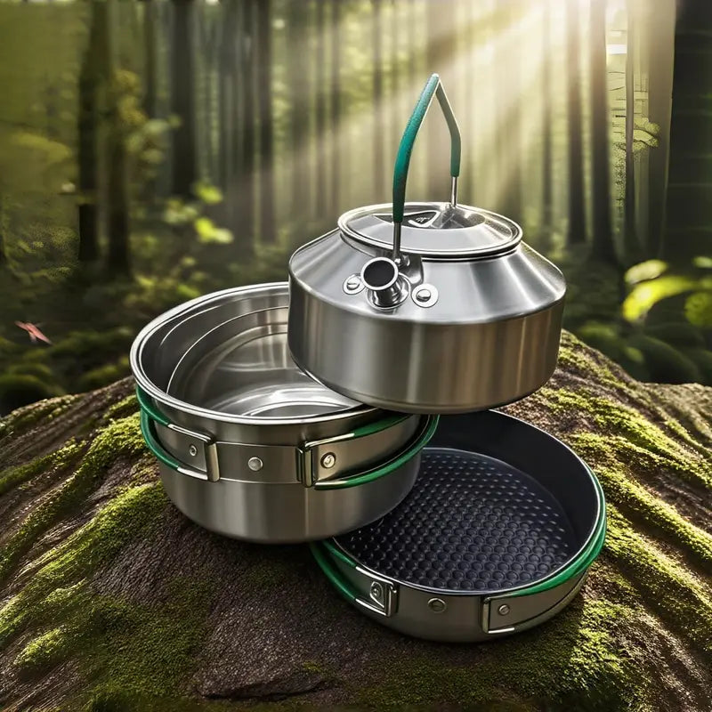 Compact Foldable Camping Cookware Set  Pan, Saucepan & Kettle