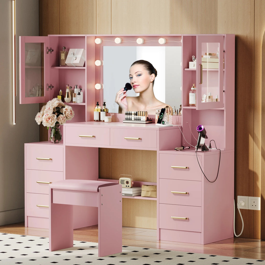 UGTOO 58.3" White Vanity Desk with Mirror, Adjustable Lighting, Power Outlet, Drawers, with Stool