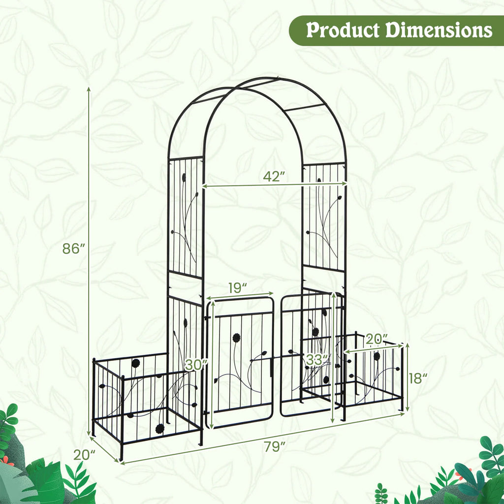 Costway 87" Garden Arbor Arched Lockable Gate Top Arbor Trellis with Side Planters