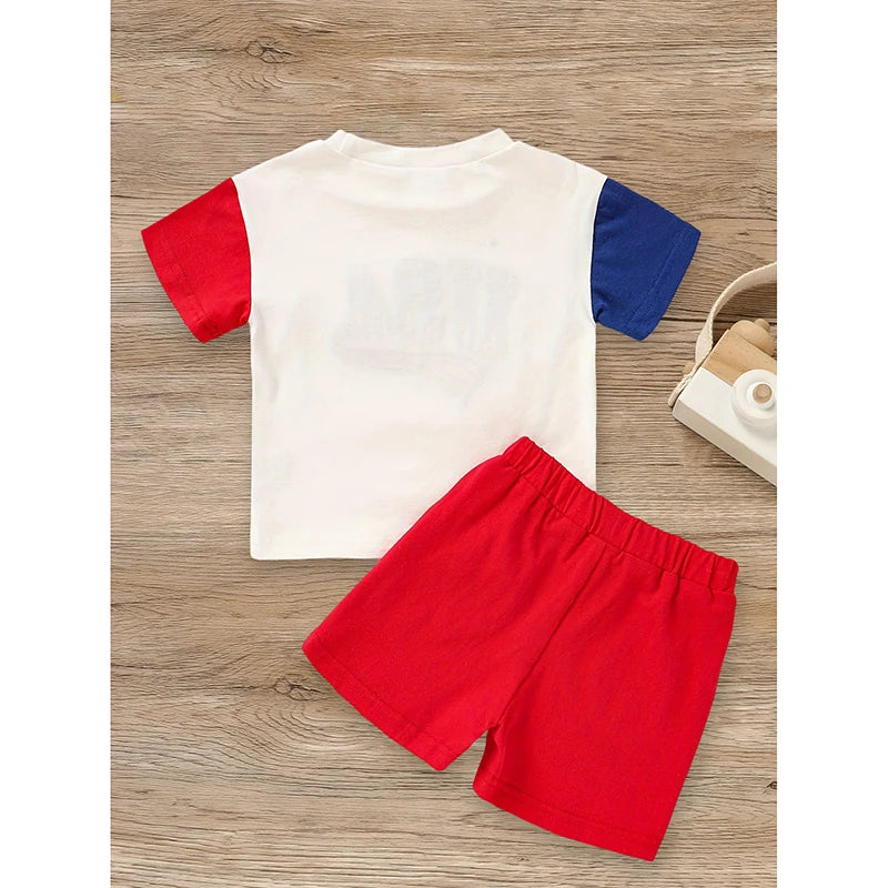 Infant Baby Boy 4th Of July Outfit Set USA Letter Print Color Block T-Shirt & Shorts For Independence Day Celebration