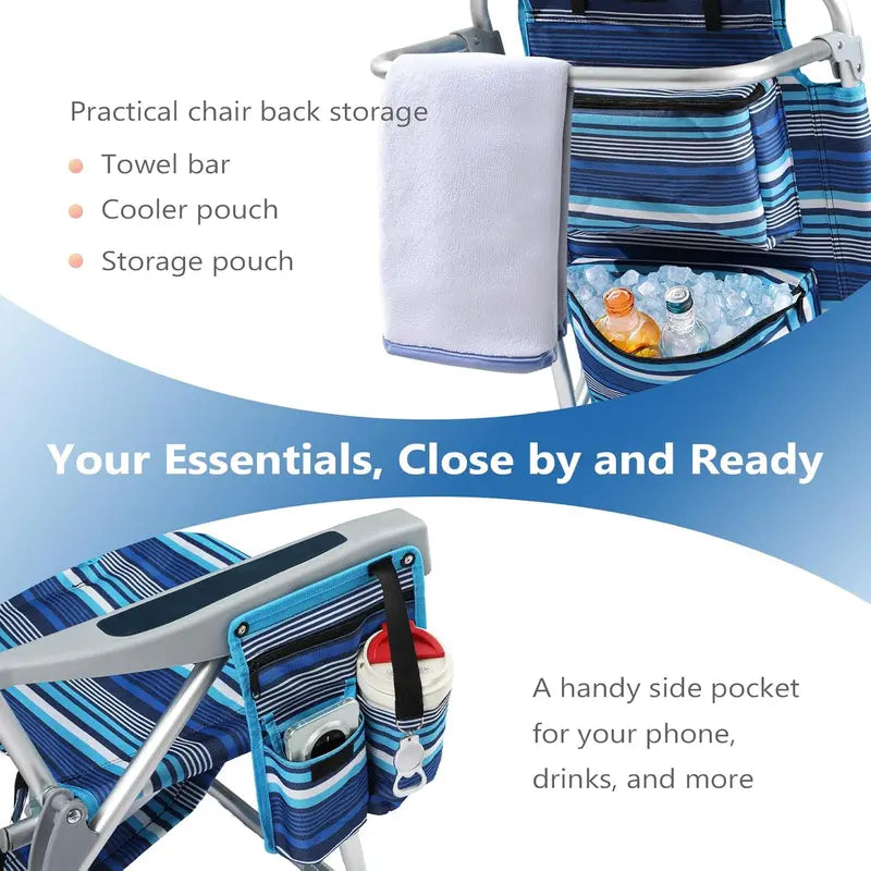 Tall Aluminum Backpack Beach Chairs – 2-Pack, 5-Position Lay-Flat Design with Cooler Pouch, Towel Bar, Phone Holder & Cup Holder, Blue Stripe