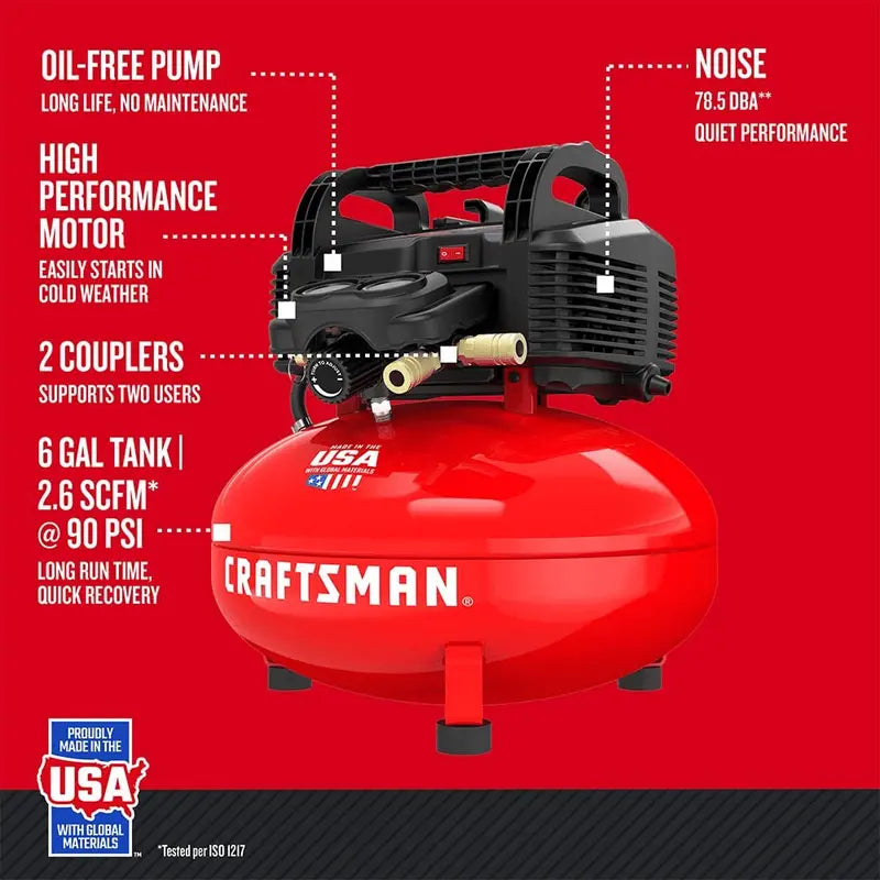 Craftsman 6-Gallon Oil-Free Pancake Air Compressor  150 PSI, Portable Design with Accessory Kit