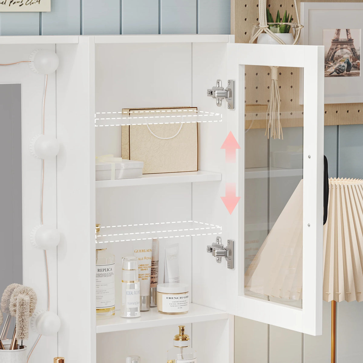 UGTOO 58.3" White Vanity Desk with Mirror, Adjustable Lighting, Power Outlet, Drawers, with Stool