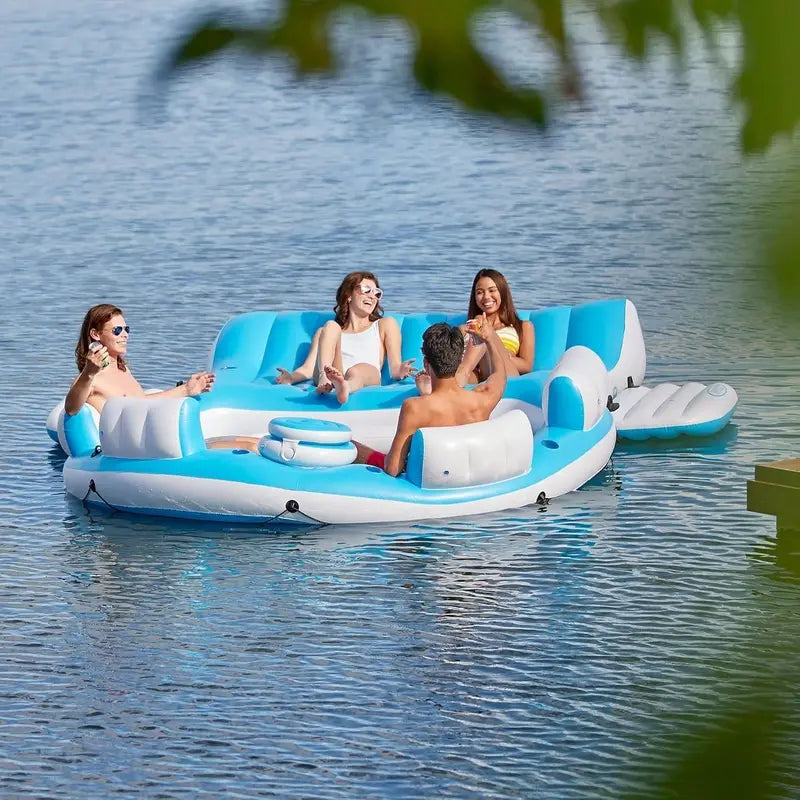 Splash N Chill Inflatable Pool Lounger – 145″ x 125″ x 20″ Island Float for Up to 7 Adults (Blue/White)