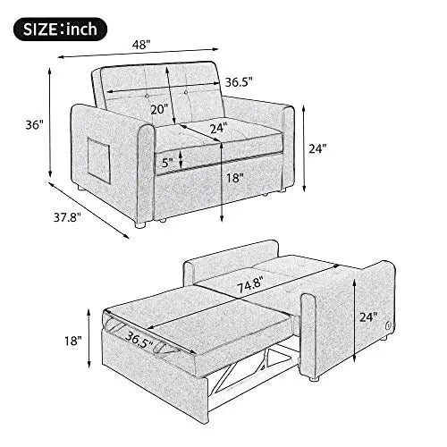 Convertible Sleeper Sofa Chair in Grey  Space-Saving Single Bed with USB Charging Port & Lumbar Support Pillows