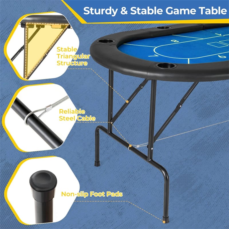 72" Foldable Poker Table for 8 Players with 8 Cup Holders & Casino-Grade Felt, Portable Oval Texas Holdem Card Table for Blackjack, No Assembly