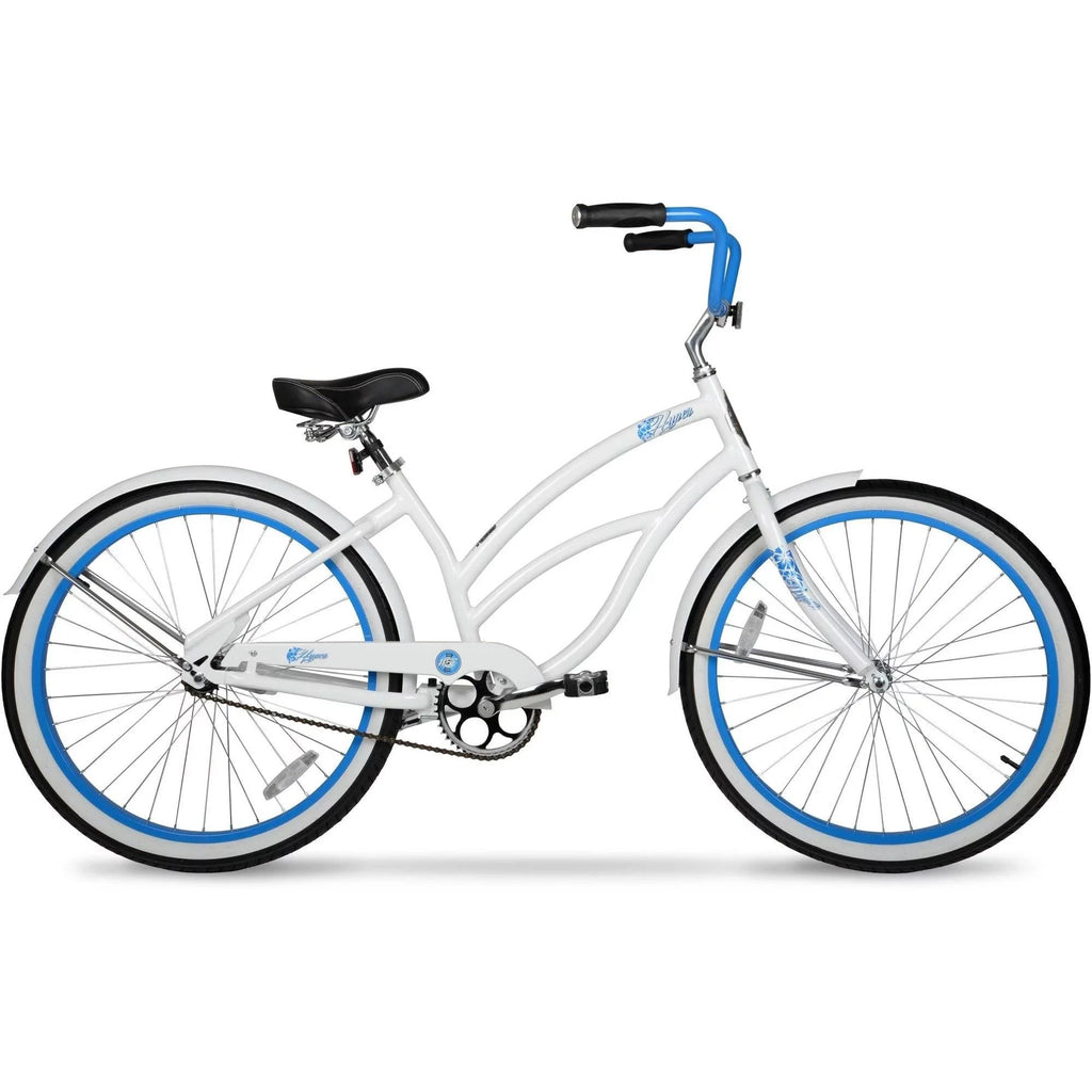 Hyper Bicycle Women's 26 In. Beach Cruiser, White with Blue Rim