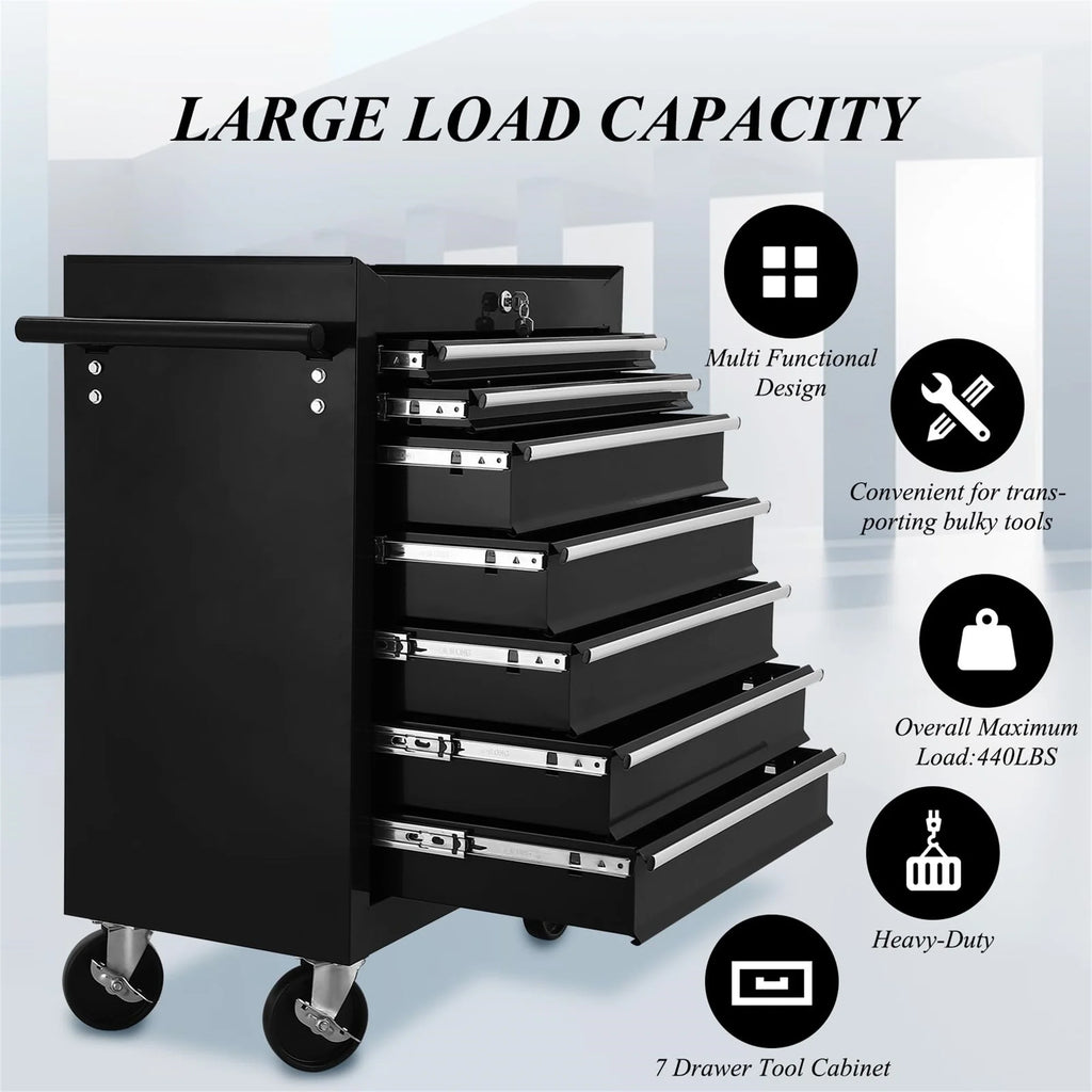 Aukfa Tool Chest, 24.5 in 7 - Drawer Steel Rolling Tool Box on Wheels for Workshop Garage, Red