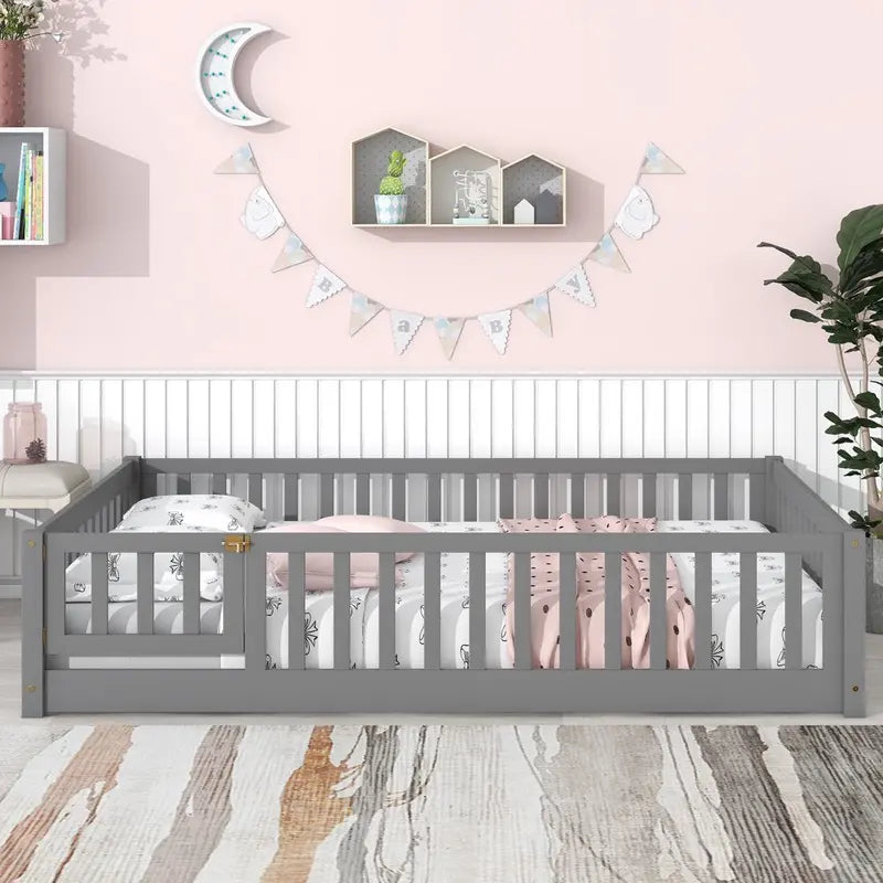 Uhomepro Full Size Wood Floor Bed Frame with Fence and Door for Kids, Toddlers