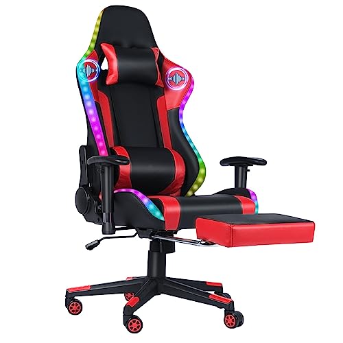 Gaming Chair with Speakers, Video Game Chair with RGB LED Lights, Footrest, Ergonomic Racing Computer Gaming Recliner Chair Swivel E-Sports Chair with Lumbar Support Headrest Armrest, Black