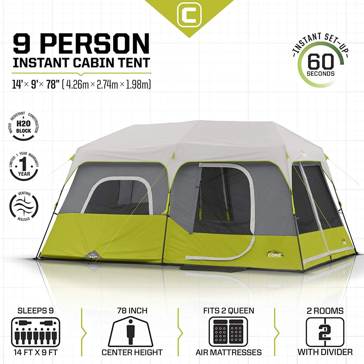 CORE Instant Cabin 14 x 9 Foot 9 Person Cabin Tent with 60 Second Assembly(Used)