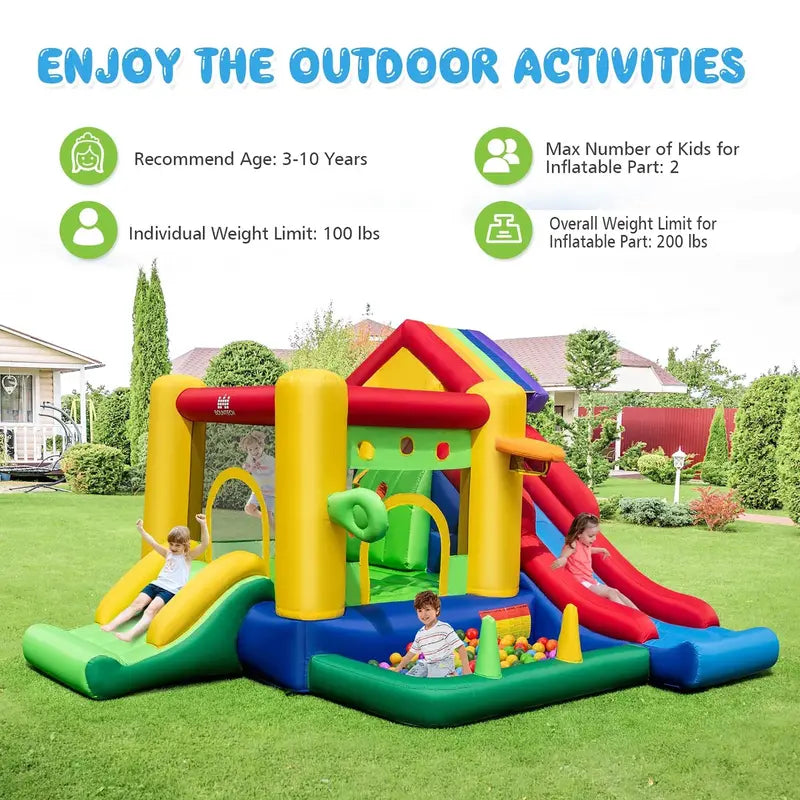 Costway Rainbow Kids Inflatable Bounce House  Includes 50 Ocean Balls & 735W Blower