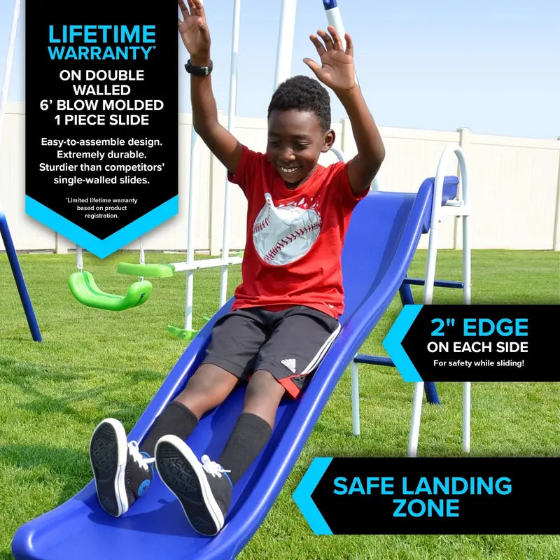Sportspower Mountain View Metal Playset – Features Glide Ride, Saucer Swing, Trampoline, and Slide with Lifetime Warranty