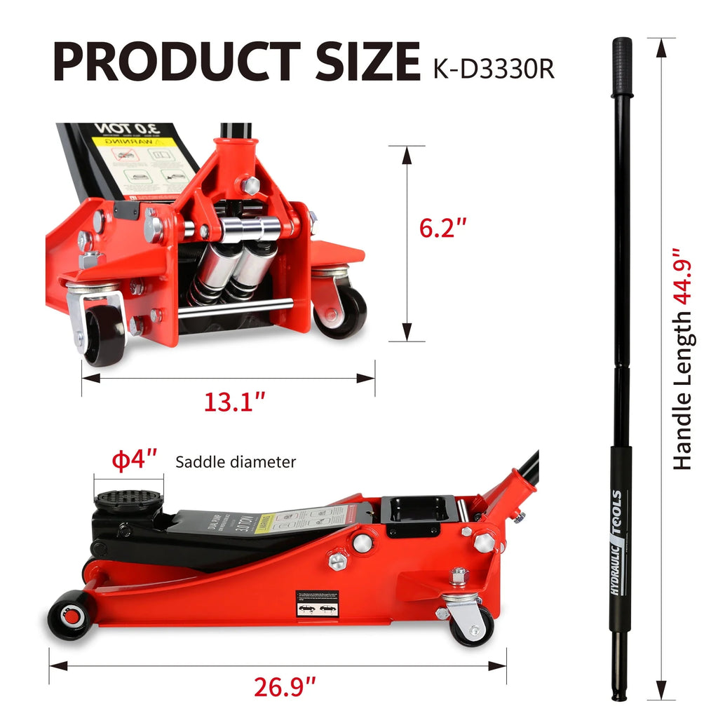 DSstyles 3 Ton Hydraulic Floor Jack Dual Pump 6600 Lb Capacity Lifting Range 3.3"-18.5" Low Profile Service Jack for Quickly Car Lift
