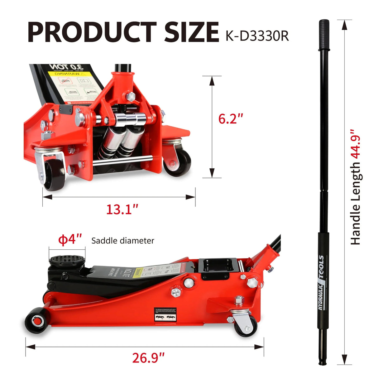 DSstyles 3 Ton Hydraulic Floor Jack Dual Pump 6600 Lb Capacity Lifting Range 3.3"-18.5" Low Profile Service Jack for Quickly Car Lift