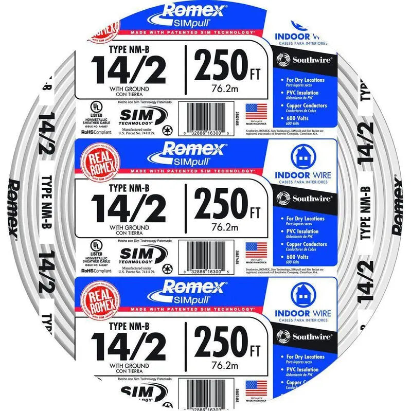 Southwire 250-Foot 14/2 NM-B Romex Cable — SIMpull® Cu, Indoor Residential Wiring