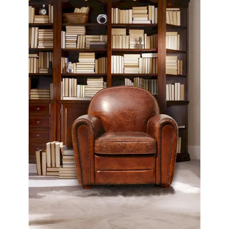 Pasargad Home Genuine Leather Paris Club Chair – Rich Brown Finish